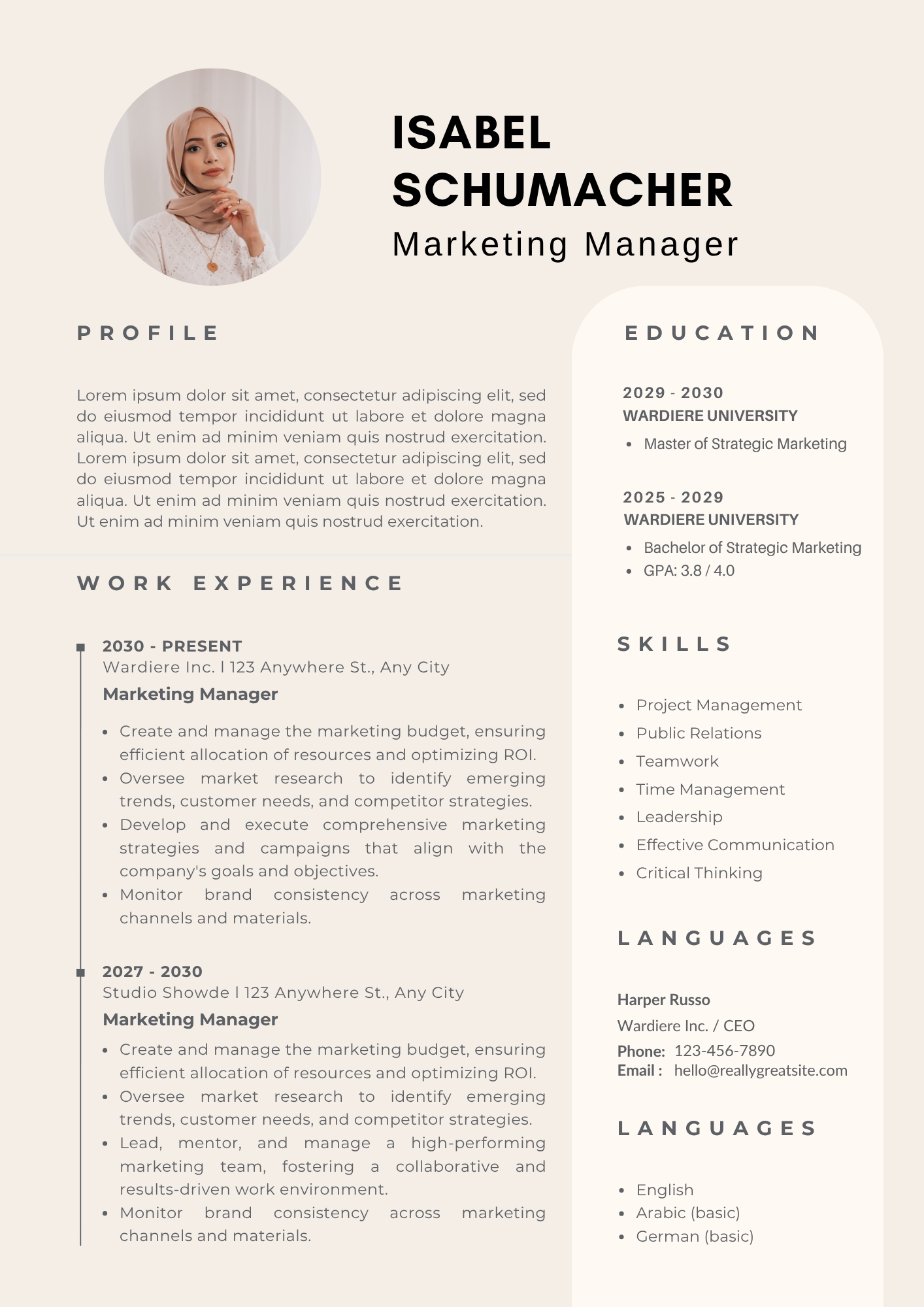 Exemple de CV au design travaillé — mise en page deux colonnes