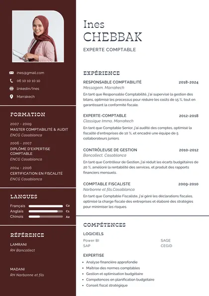CV d’Ines Chebbak, experte-comptable, dans une mise en page bordeaux et blanche